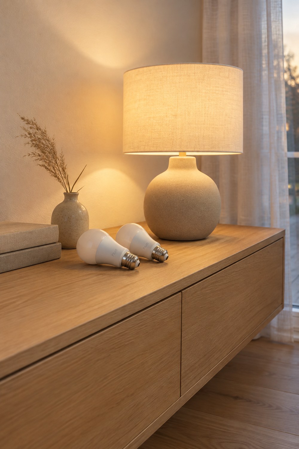 Zwei Philips Hue Essential E27 Birnen in Weiß liegen nebeneinander vor einer warm leuchtenden Tischlampe mit Leinenschirm auf dem Eichen-Lowboard im Wohnzimmer
