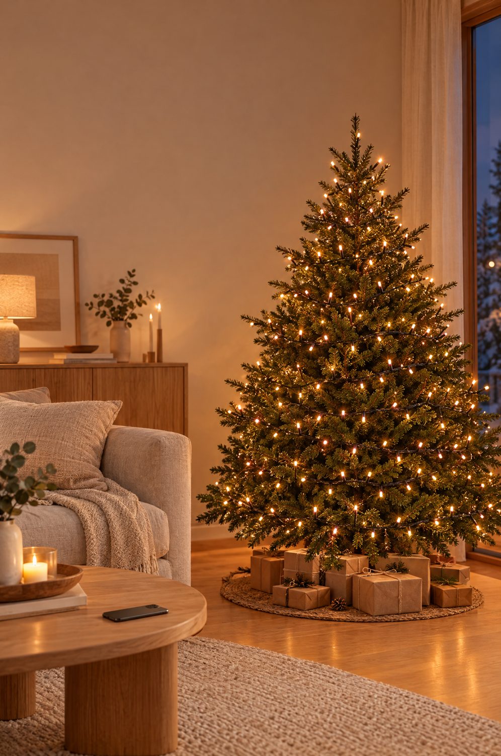 Weihnachtsbaum mit Philips Hue Festavia Lichterkette, 250 Mini LEDs leuchten warm wie Kerzen, im Wohnzimmer am Abend