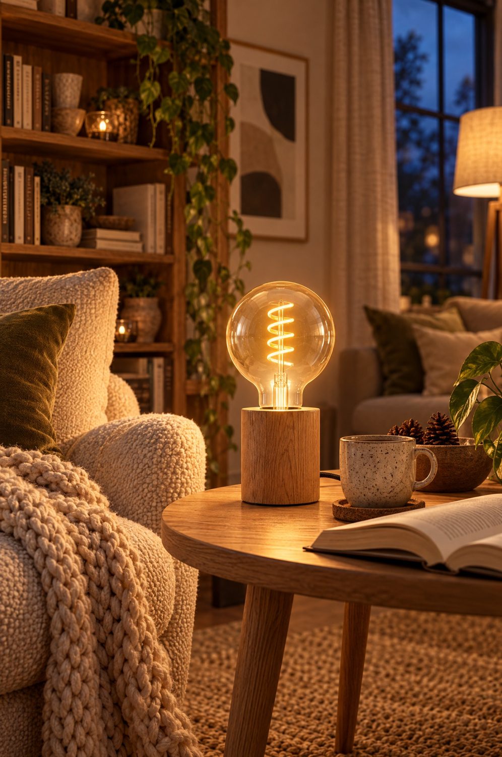 Philips Hue Filament Globe mit leuchtendem Glühfaden auf einer Tischleuchte aus Holz neben einem Sofa mit Leinenkissen im Abendlicht