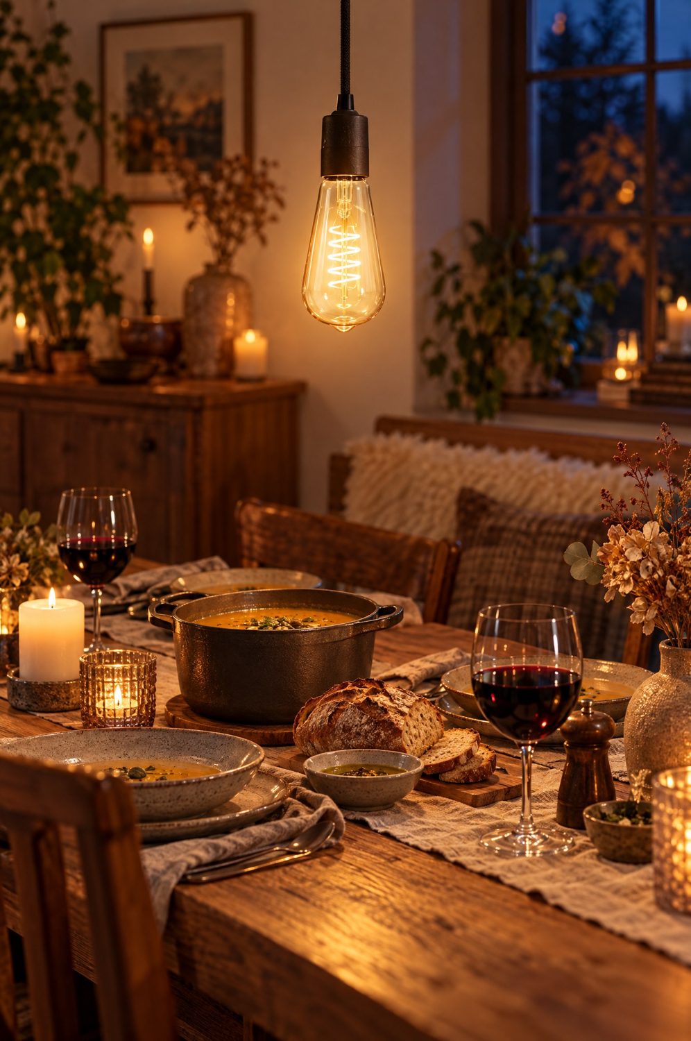 Philips Hue Filament ST64 leuchtet warm über einem gedeckten Esstisch mit Kerzen und Suppe