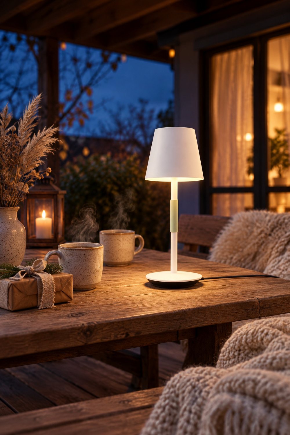 Weiße Philips Hue Go mit salbeigrünem Griff leuchtet abends auf einem Holztisch auf der Terrasse neben Tassen und einem Geschenk