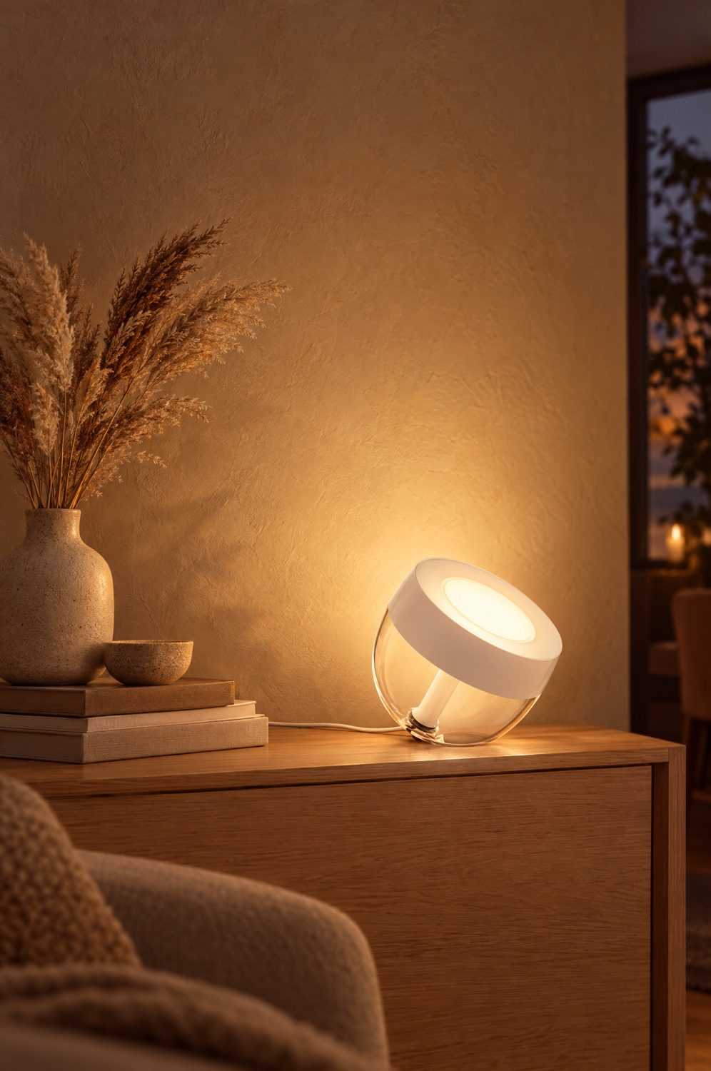 Philips Hue Iris Tischleuchte in Weiß auf einem Sideboard, warmes Licht fällt an eine helle Wand, daneben Trockengräser und Bücher