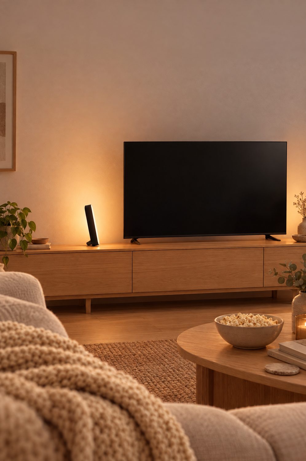 Philips Hue Play Lightbar hinter einem Fernseher an einer hellen Wand, warmes indirektes Licht, Sofa mit Decke im Vordergrund