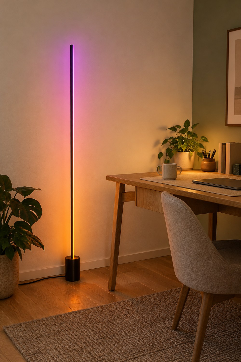 Philips Hue Gradient Signe Stehleuchte in Schwarz in der Ecke eines Homeoffice, die schlanke Lichtsäule malt einen Farbverlauf von Orange zu Rosa an die Wand