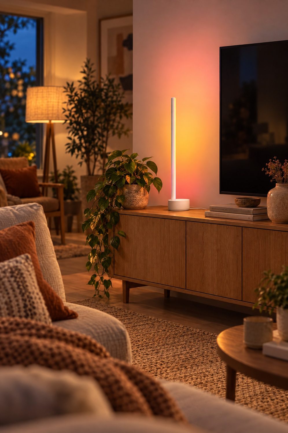 Philips Hue Signe Lichtsäule wirft einen Farbverlauf an die Wand neben dem Fernseher