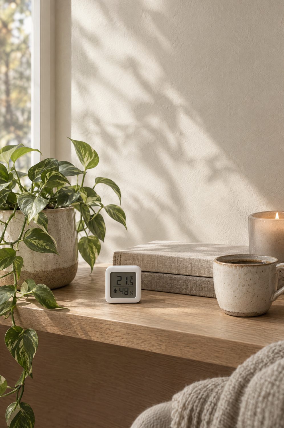 Kleines Thermo Hygrometer steht auf einer Fensterbank neben Pflanze und Tasse