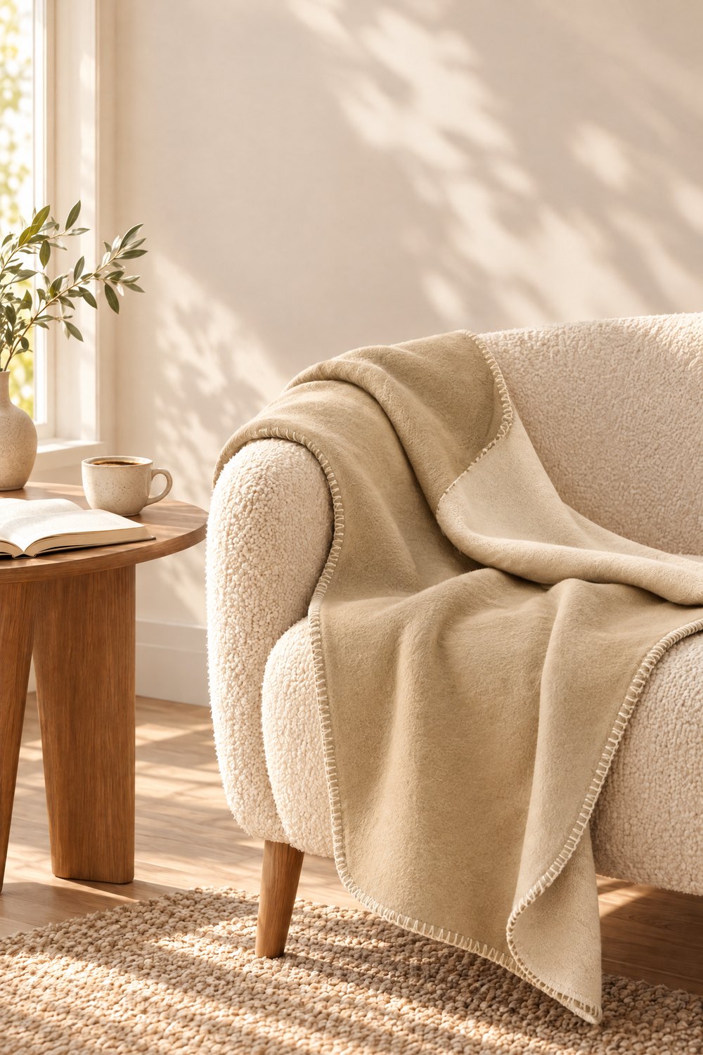 Naturfarbene Ibena Wendedecke Dublin über einem Sessel aus Bouclé, daneben ein Holztisch mit Buch und Tasse im Morgenlicht