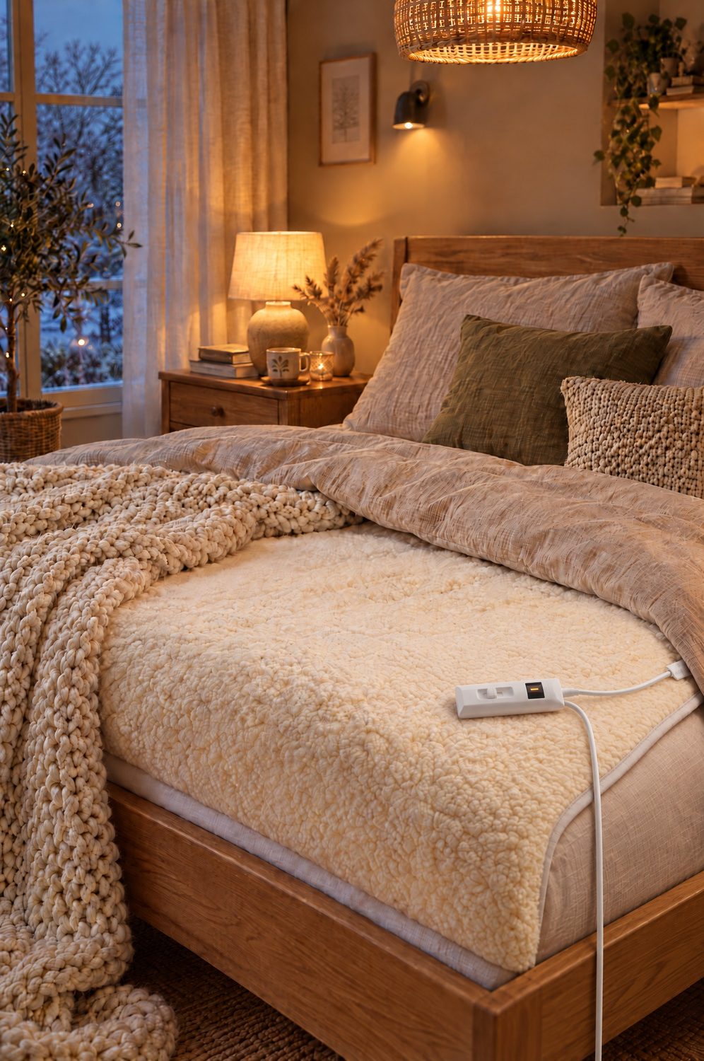 Gemütliches Schlafzimmer mit Imetec Wärmeunterbett aus cremefarbener Wolle auf dem Bett, Leinenkissen in Salbeigrün und Nachttischlampe im warmen Licht