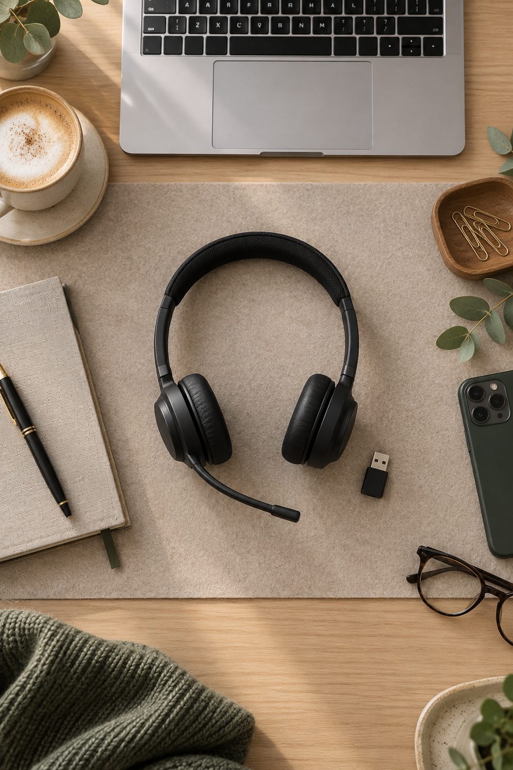 Schwarzes kabelloses Headset Jabra Evolve2 65 mit Mikrofonarm und kleinem USB-Adapter von oben auf einer hellen Filzunterlage, ringsum Laptop, Cappuccino, Notizbuch, Smartphone, Brille und Eukalyptus