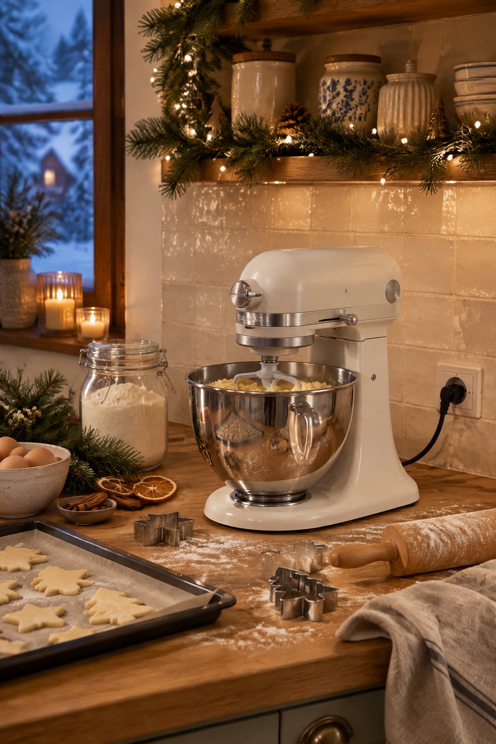 Cremefarbene KitchenAid Küchenmaschine knetet Plätzchenteig in einer weihnachtlich geschmückten Holzküche, daneben Ausstecher und ein Blech mit Sternen