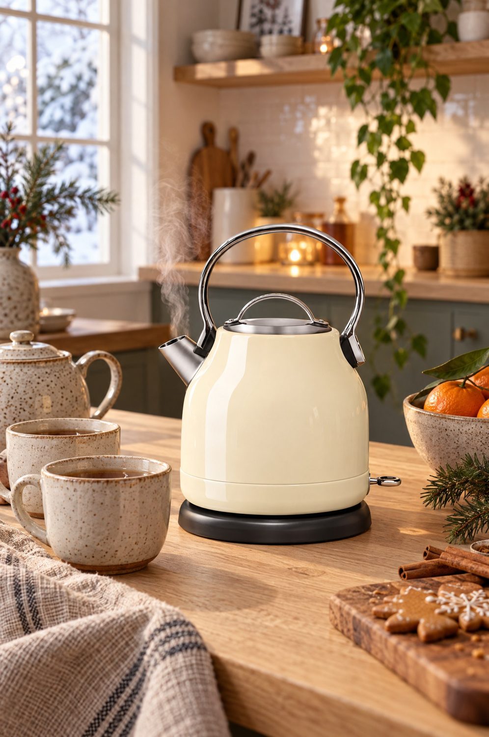 KitchenAid Wasserkocher in Creme auf der Arbeitsplatte einer gemütlichen Küche mit Tassen und Mandarinen