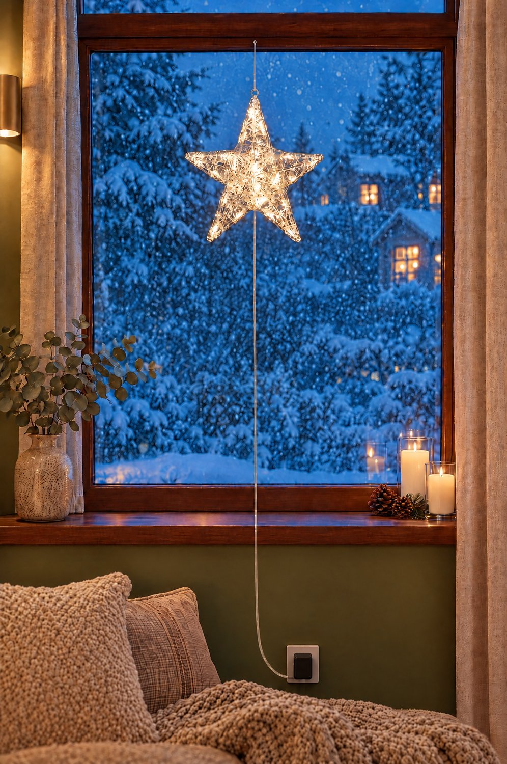 Leuchtender Stern aus klarem Acryl mit warmweißen LEDs hängt innen an einem Fenster, draußen verschneite Tannen am Abend