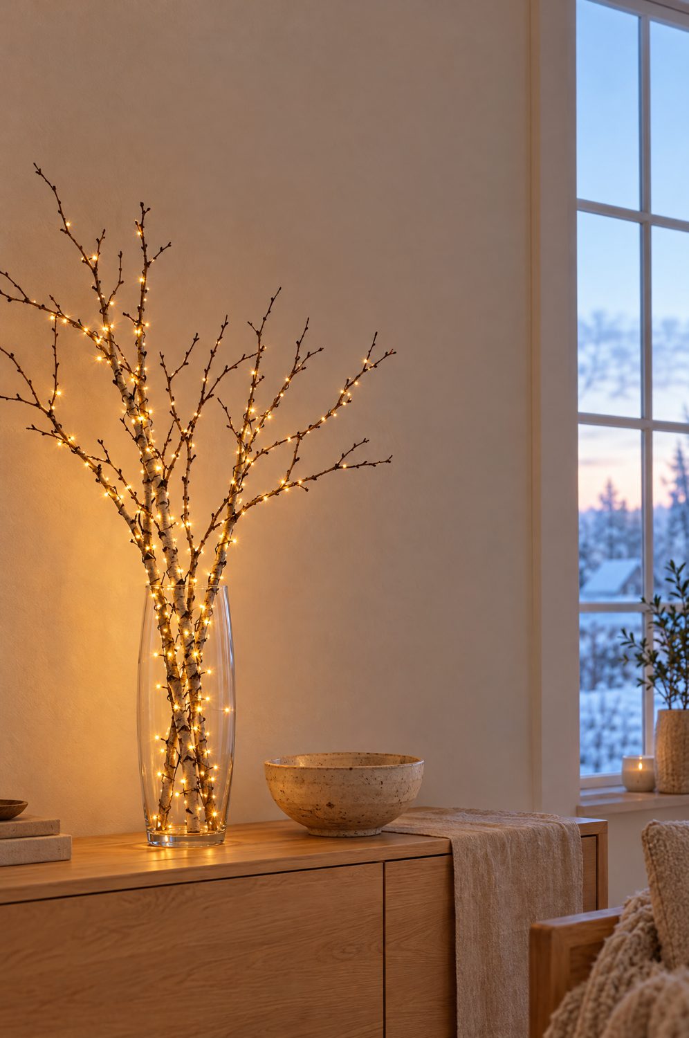 Konstsmide Micro LED Lichterkette mit bernsteinfarbenen Lichtern in Zweigen in einer großen Glasvase im Wohnzimmer