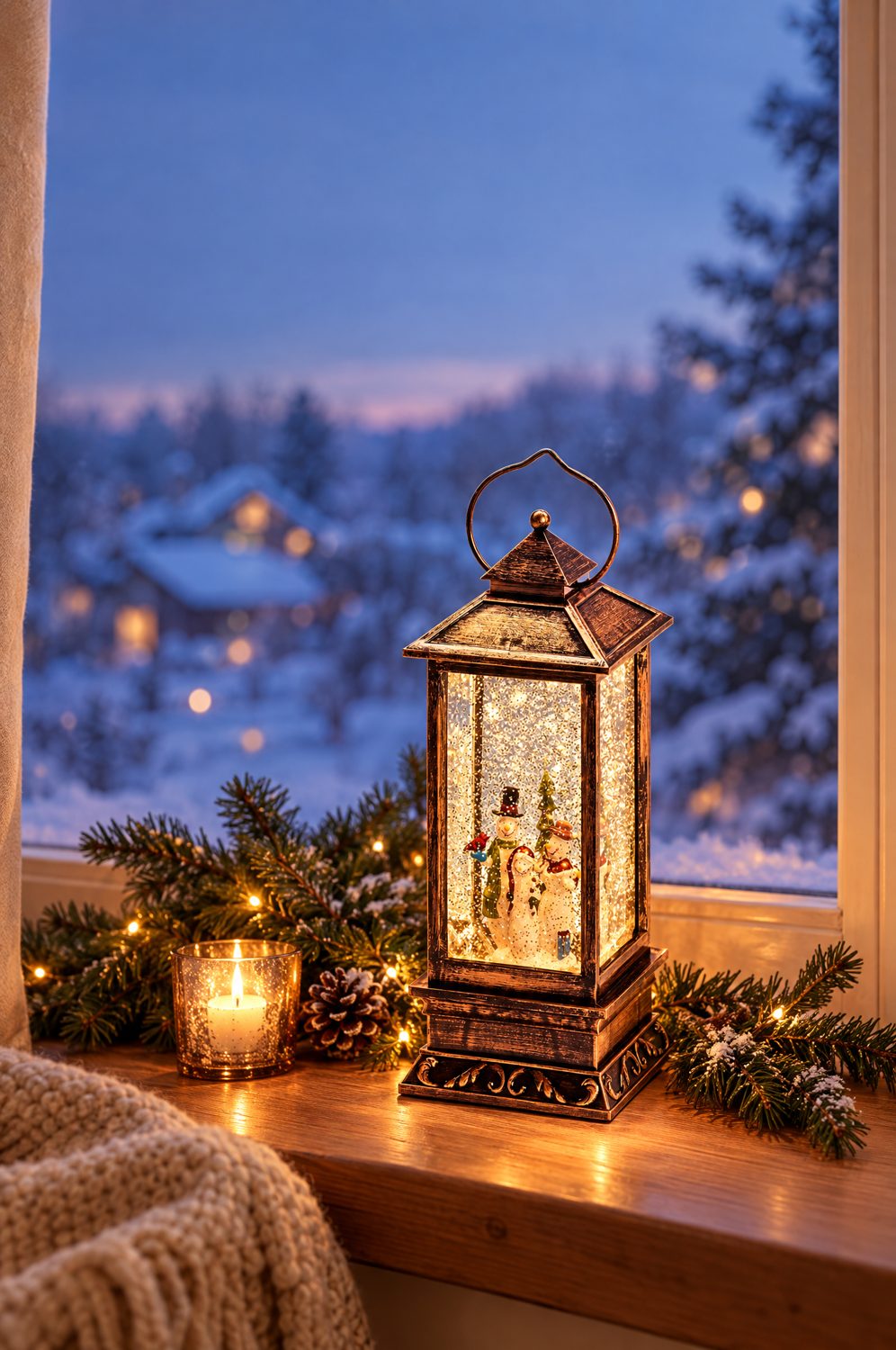 Kupferfarbene Konstsmide LED-Laterne mit Schneemännern und rieselnden Flocken auf einer Fensterbank, draußen Winterabend