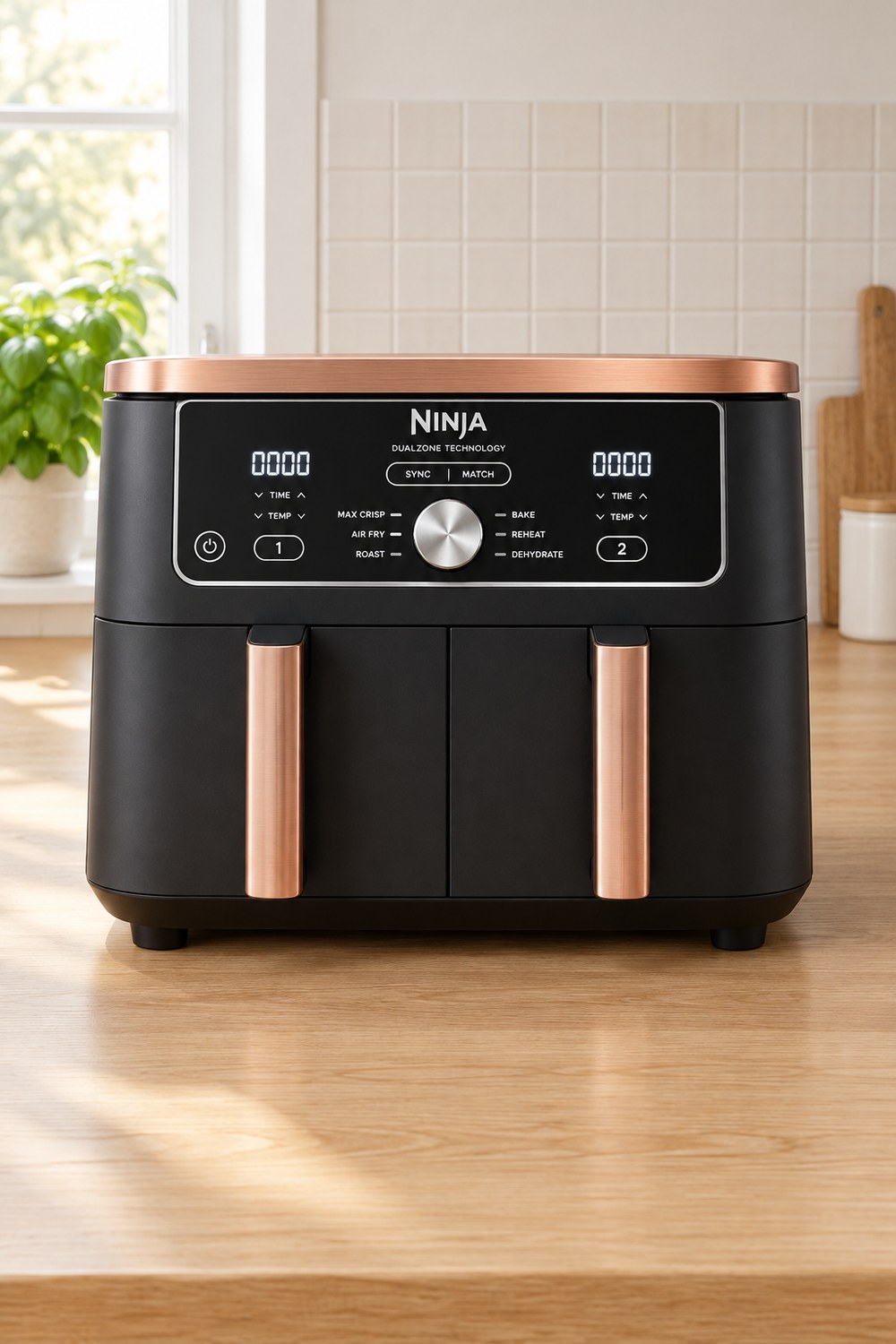 Ninja Foodi MAX Dual Zone Heißluftfritteuse in Schwarz mit Kupferdeckel, Bedienfeld mit zwei Anzeigen und kupfernen Griffen an beiden Schubladen