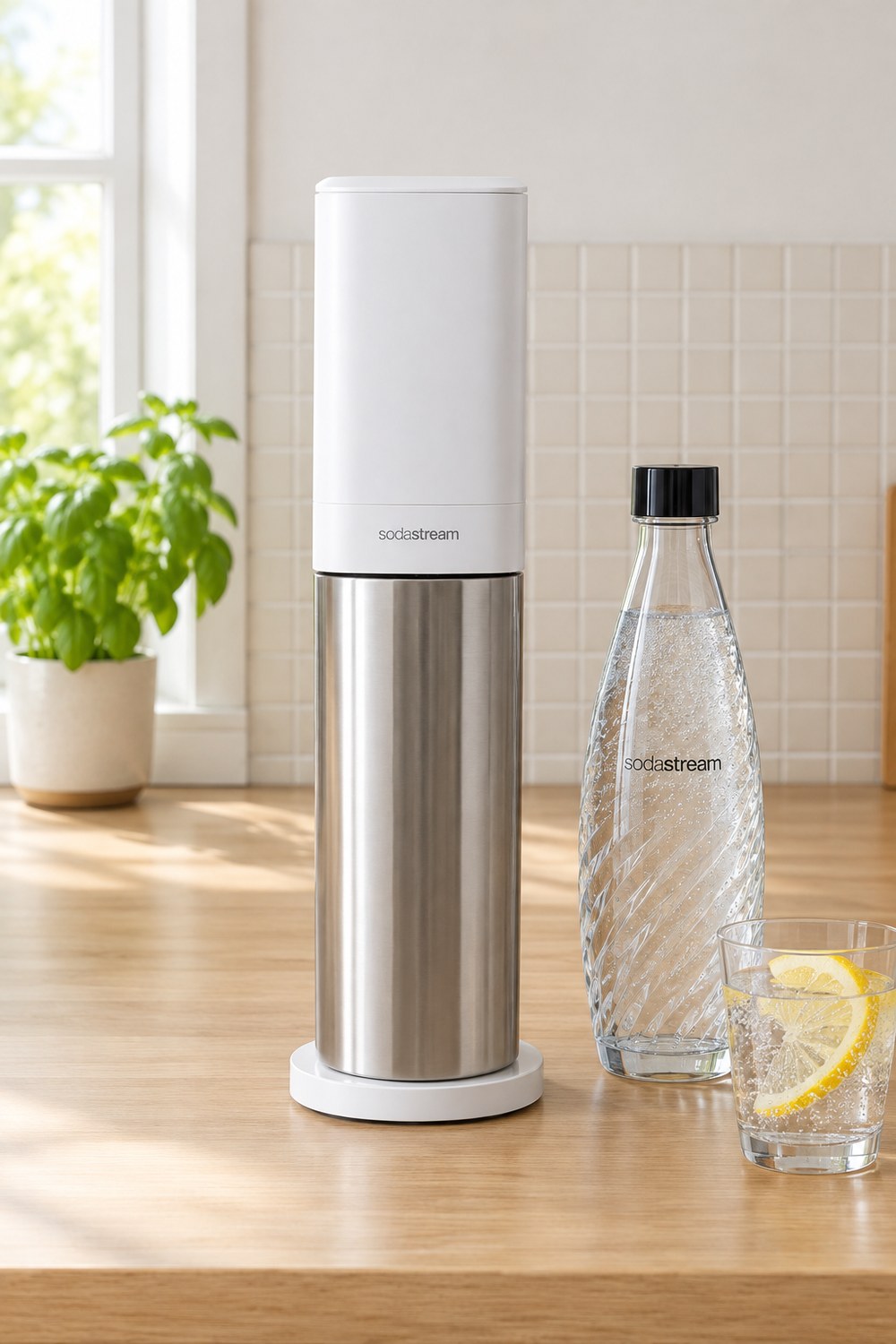 SodaStream Duo in Weiß mit Edelstahl auf der Arbeitsplatte, daneben die Glaskaraffe und ein Glas Sprudelwasser mit Zitrone
