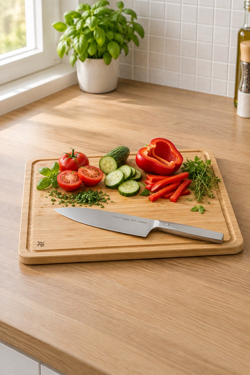 WMF Schneidebrett aus Bambus mit Saftrille, darauf Tomaten, Gurke, Paprika, Kräuter und ein Chroma Kochmesser