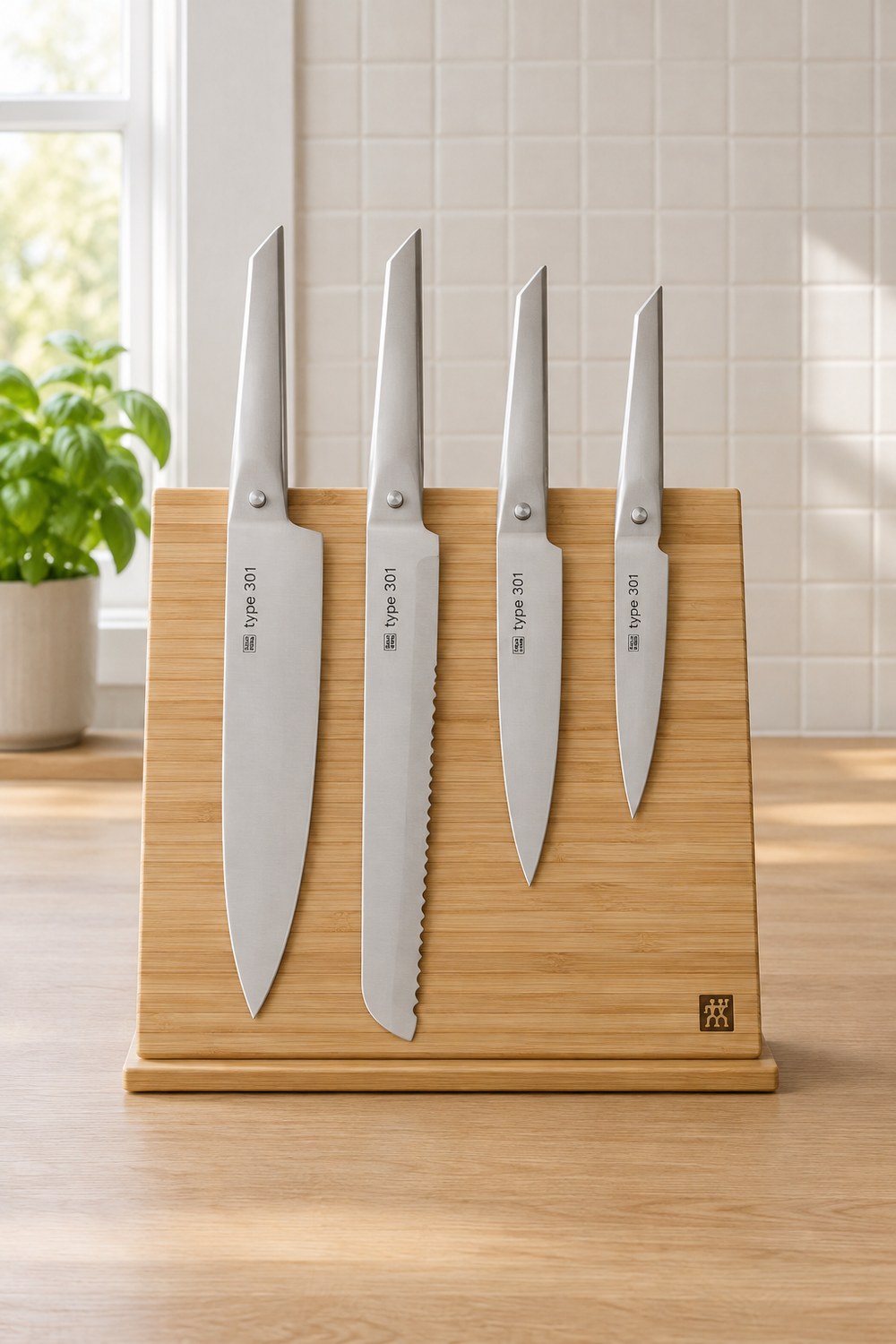 ZWILLING Magnet-Messerblock aus Bambus mit vier Chroma Type 301 Messern, Griffe oben