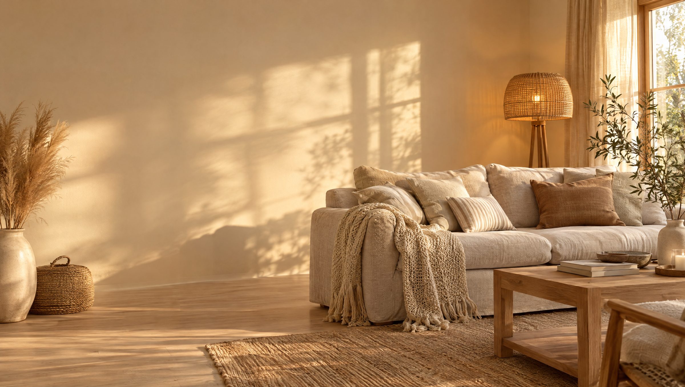 Wohnzimmer am Abend mit hellem Sofa, Strickdecke und einer Stehlampe aus Rattan, die warm leuchtet