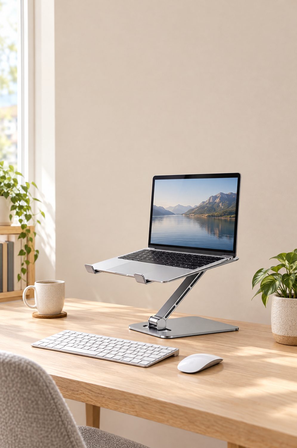 Silberner Laptopständer aus Aluminium mit aufgeklapptem Laptop auf einem hellen Holzschreibtisch, davor Tastatur und Maus