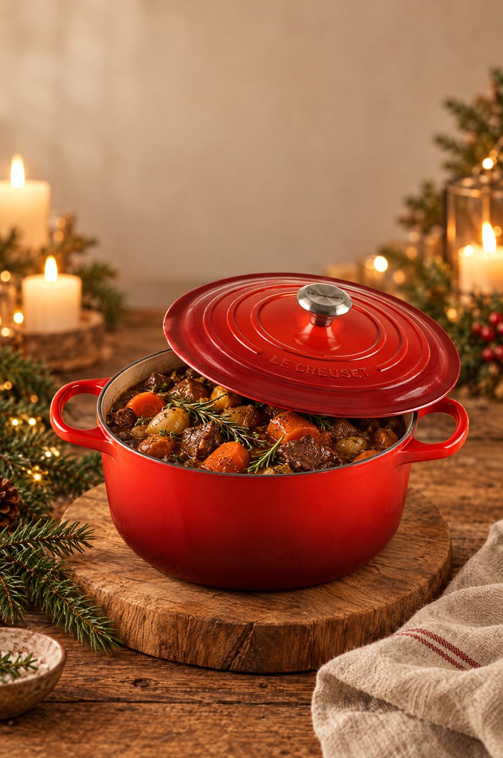 Kirschroter Le Creuset Signature Bräter mit dampfendem Schmorgericht auf einem Holztisch, Tannenzweige und Leinentuch im Kerzenlicht