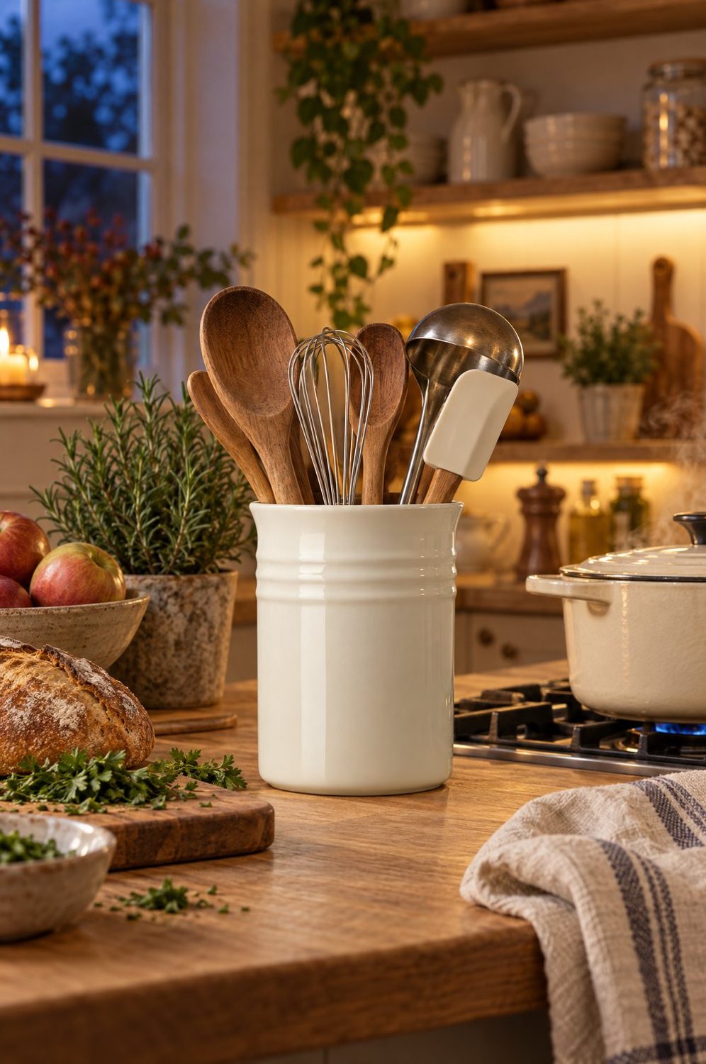 Cremefarbener Le Creuset Utensilientopf aus Steinzeug mit Kochlöffeln, Schneebesen und Kelle auf einer Holzarbeitsplatte neben Gusseisentopf, Brot und Kräutern in einer warmen Landhausküche