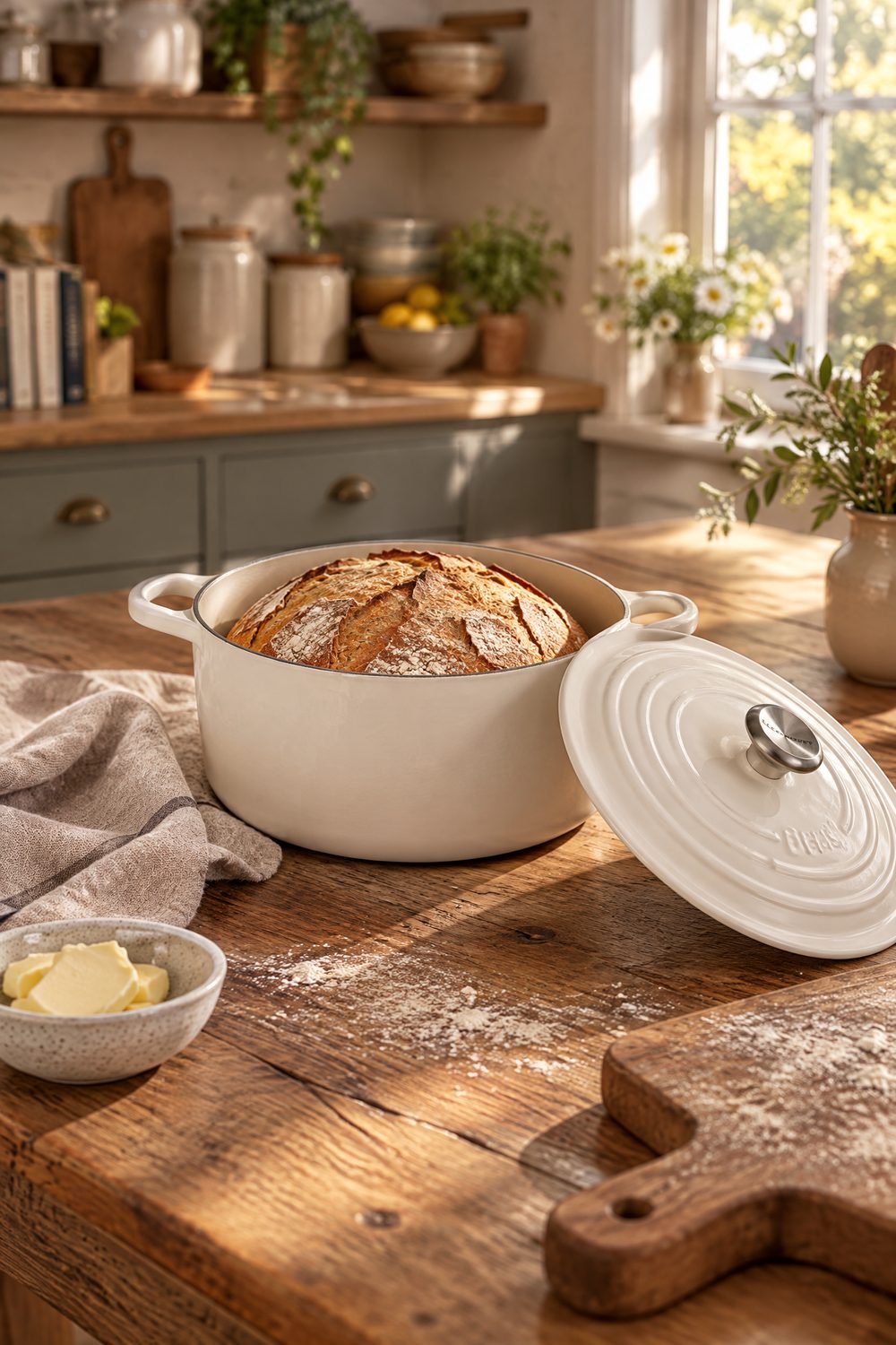 Cremefarbener Le Creuset Bräter mit frisch gebackenem Krustenbrot auf einem bemehlten Holztisch, daneben der Deckel, ein Schälchen Butter und ein Küchentuch, warmes Licht in einer Landhausküche