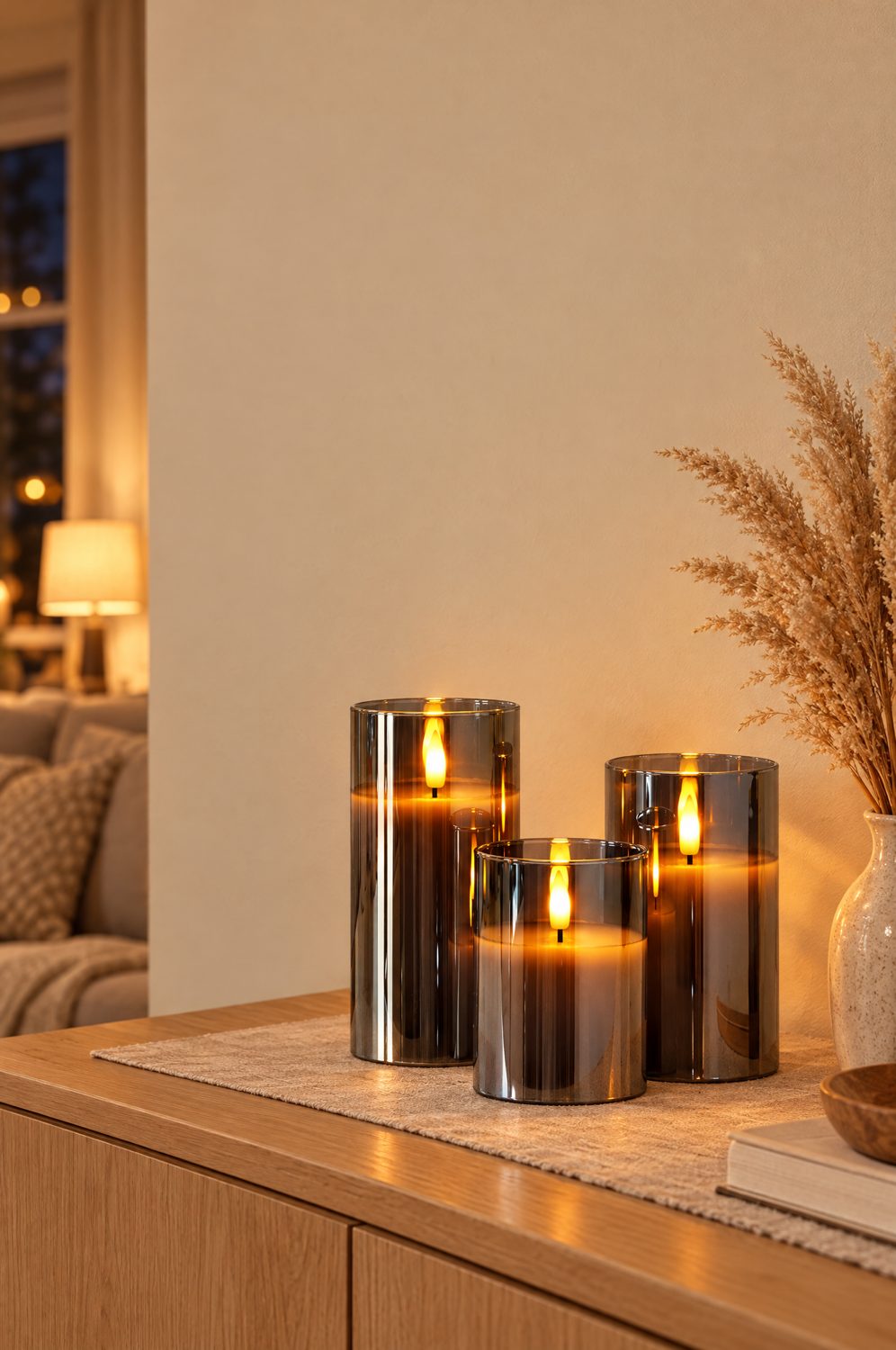LED-Kerzen in grauen Gläsern flackern warm auf einem Sideboard