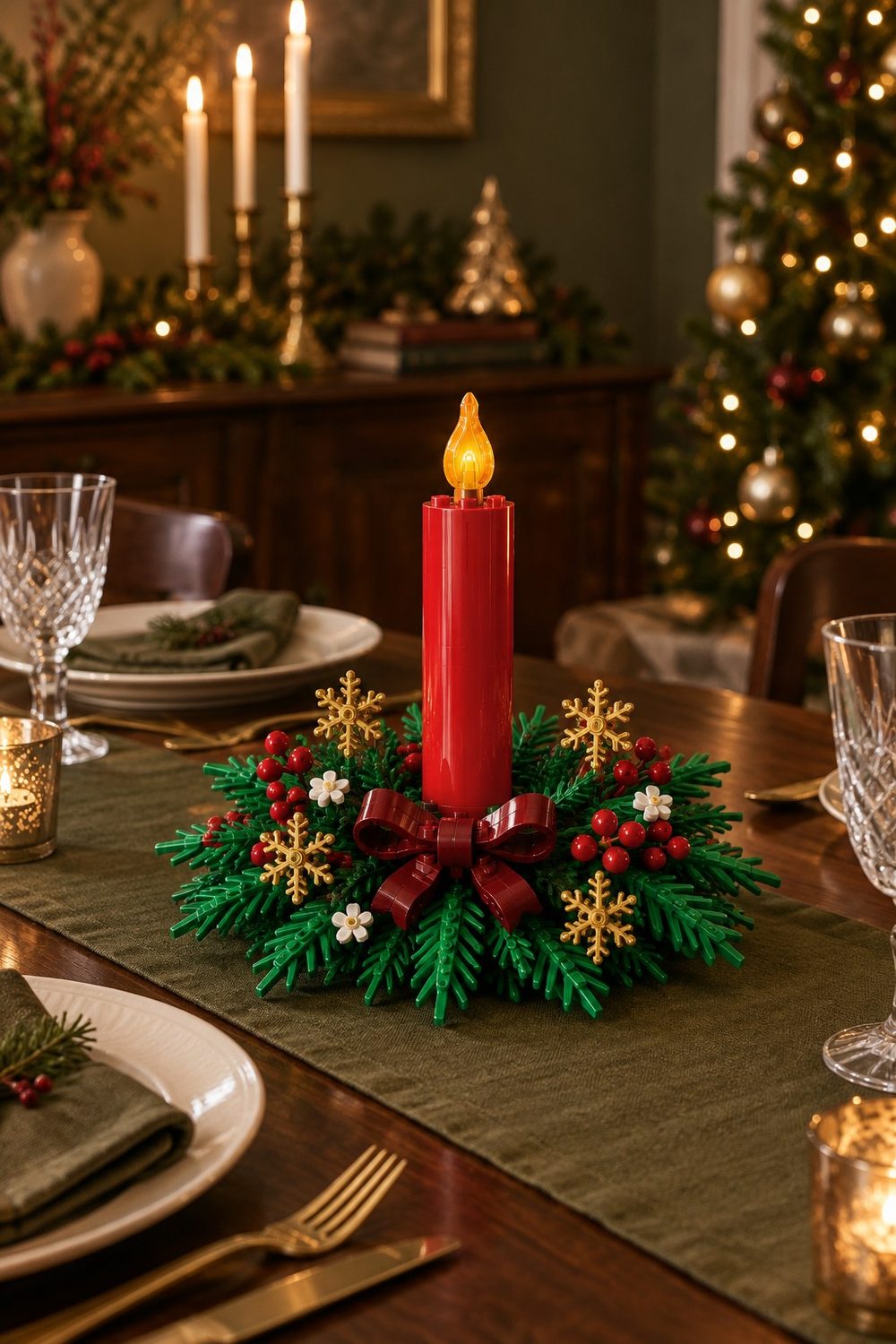 LEGO Weihnachtsgesteck mit roter Kerze, grünen Zweigen, roten Beeren, goldenen Sternen und roter Schleife mitten auf der gedeckten Festtafel, im Hintergrund ein leuchtender Weihnachtsbaum
