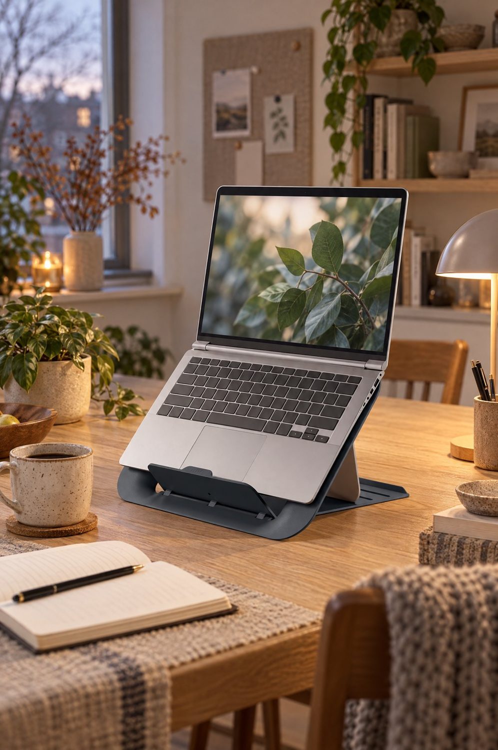 Höhenverstellbarer Laptopständer Leitz Ergo Cosy in Dunkelgrau mit aufgeklapptem Laptop auf einem hellen Holztisch am Fenster, daneben Notizbuch, Kaffeetasse und Pflanzen