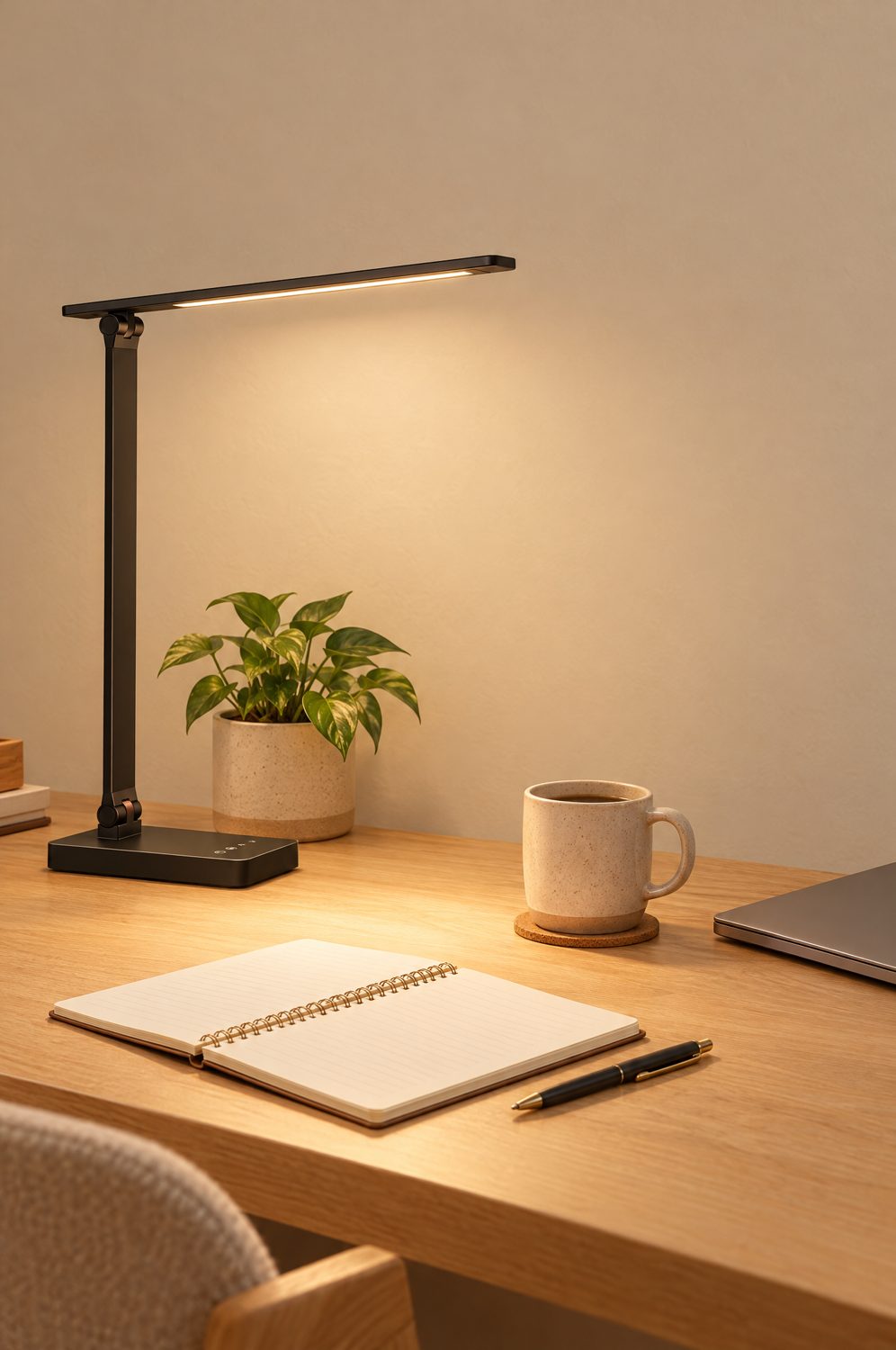 Schwarze LED-Schreibtischlampe mit Klapparm beleuchtet einen aufgeräumten Holzschreibtisch