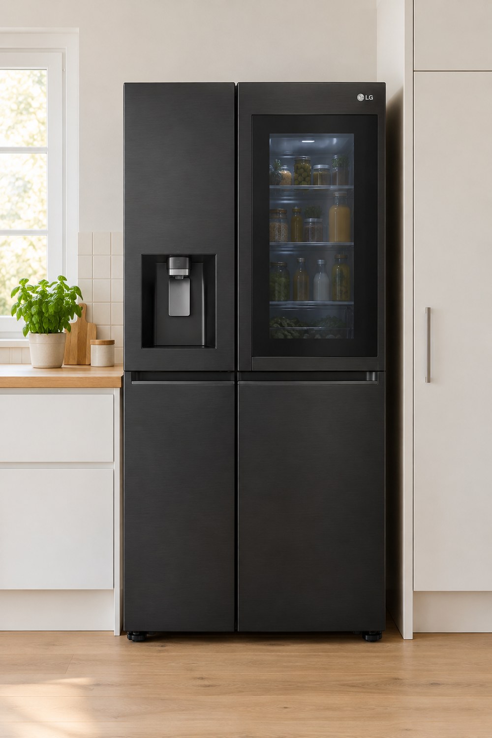 LG Side-by-Side-Kühlschrank GSXV90MCDE in Mattschwarz mit Wasser- und Eisspender links und beleuchtetem InstaView-Fenster rechts in der hellen Küche