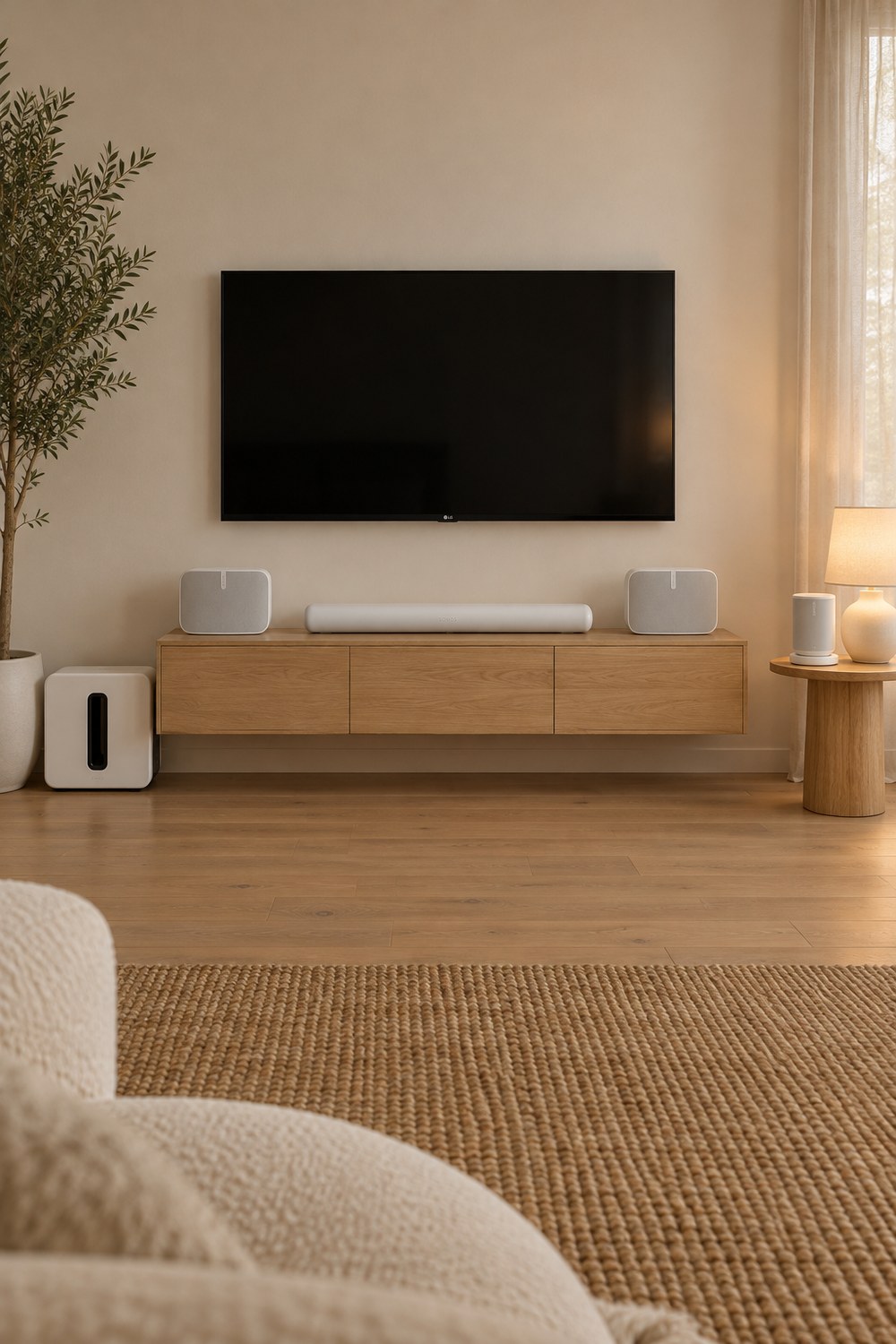 LG OLED evo G6 mit 65 Zoll flach an der Wohnzimmerwand, darunter die weiße Sonos Arc Ultra auf dem Eichen-Lowboard, links und rechts zwei Sonos Five, links am Boden der große Sub 4, rechts der Move 2 auf dem Beistelltisch