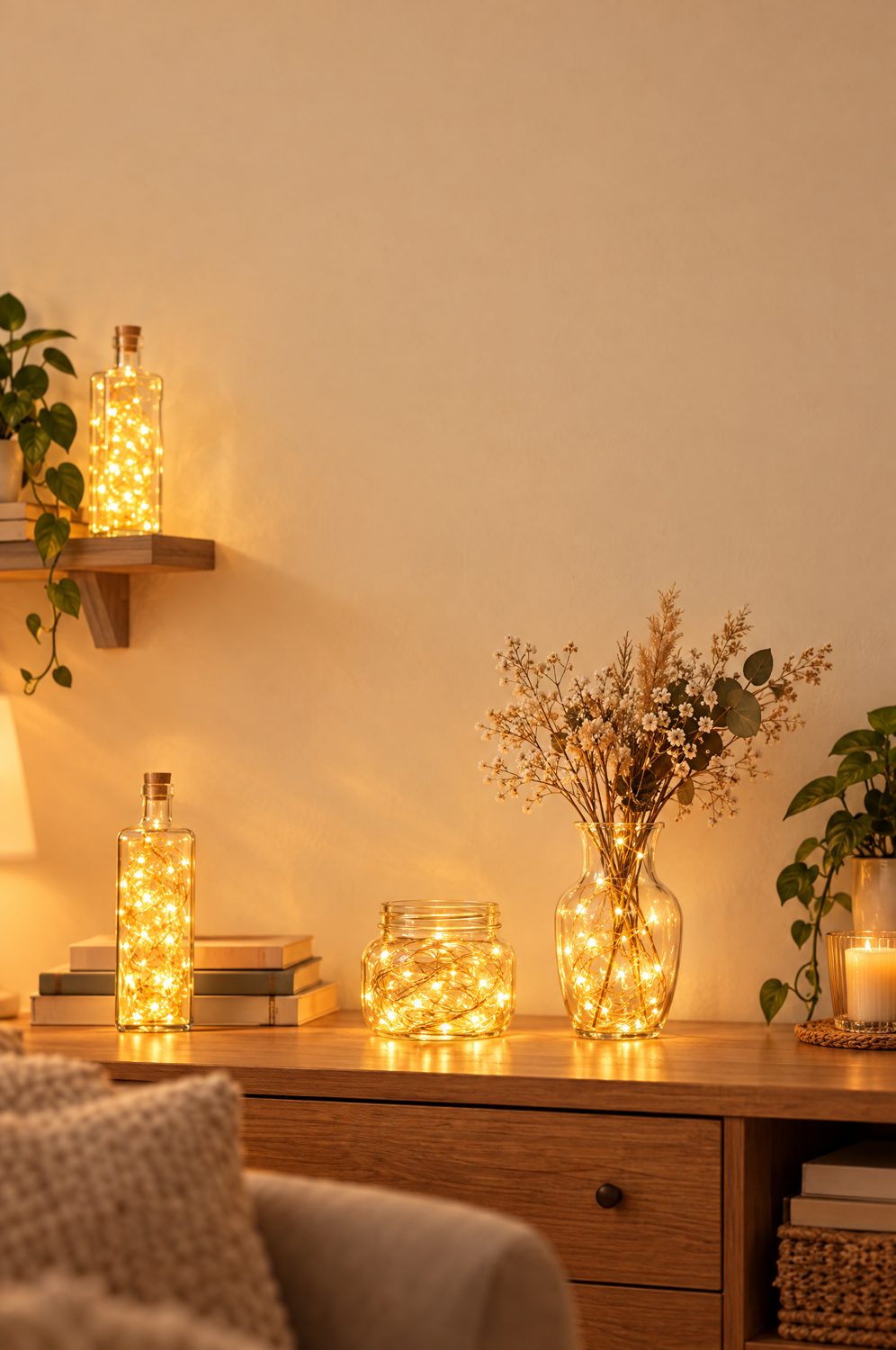 Kleine Lichterketten leuchten warm in Glasflaschen, einem Einmachglas und einer Vase auf Wandregal und Holzkommode