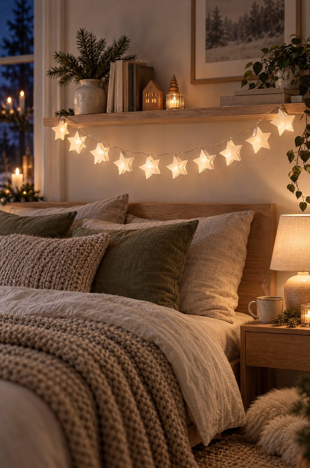 Lichterkette mit zehn weißen Papiersternen leuchtet warm unter einem Wandregal über einem gemütlichen Bett mit Strickdecke und Kissen in Salbeigrün