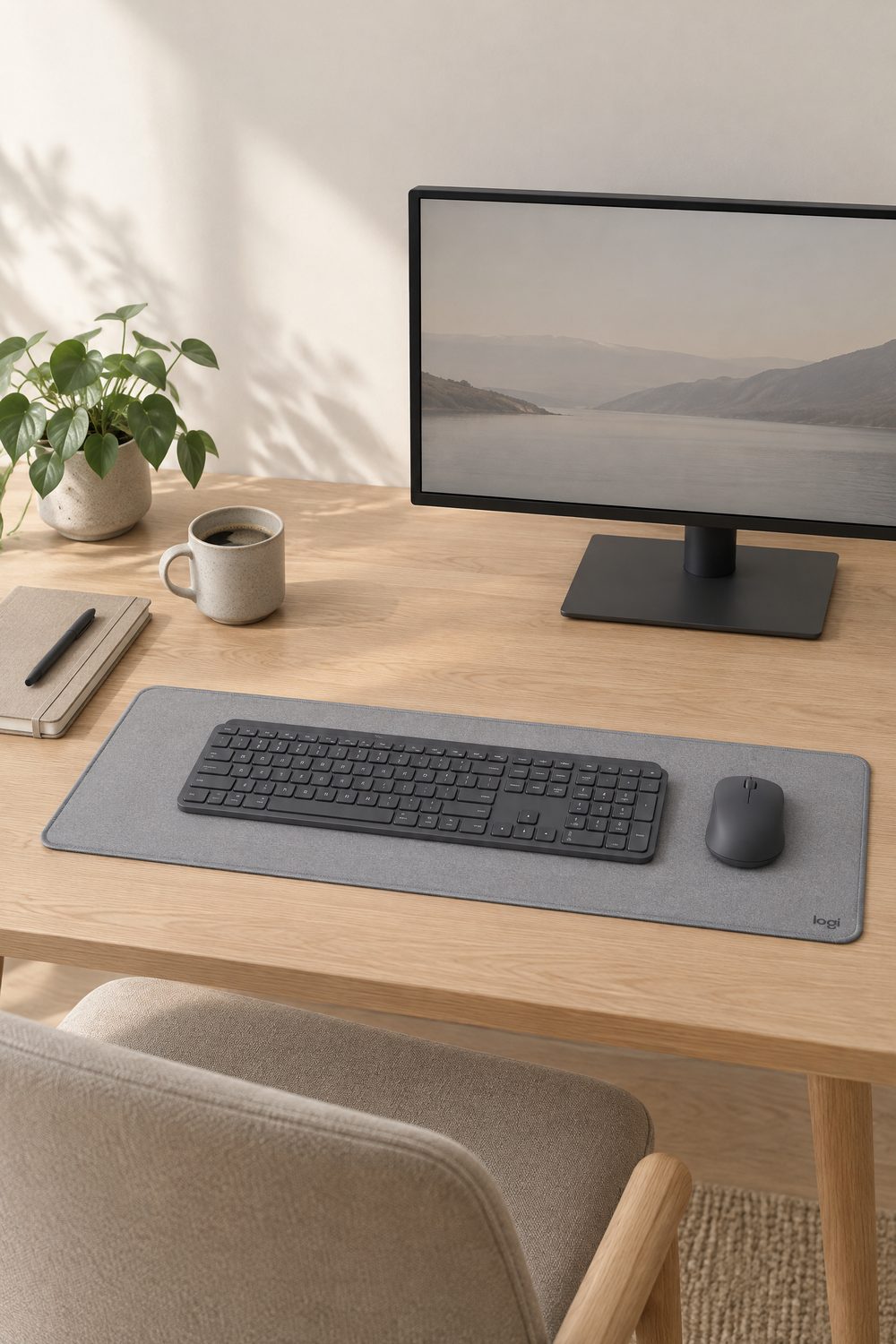 Schreibtischunterlage Logitech Desk Mat in Mittelgrau quer vor dem Sitzplatz auf einem hellen Holzschreibtisch, darauf eine Tastatur und eine Maus, daneben ein Notizbuch, eine Kaffeetasse und eine Pflanze