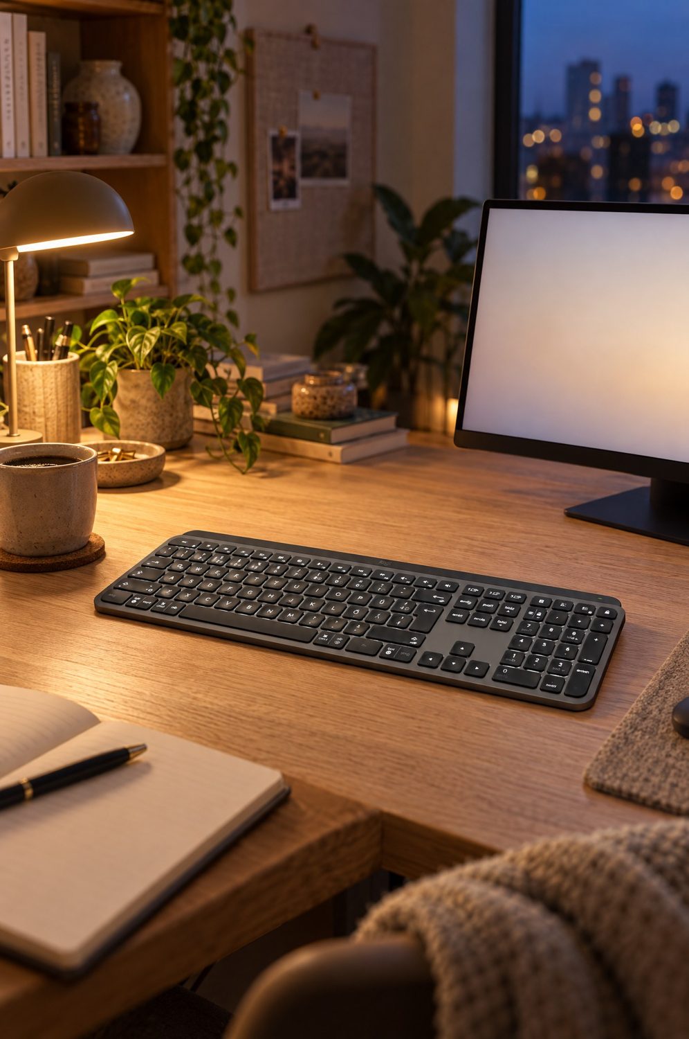 Logitech MX Keys S Tastatur auf einem Holzschreibtisch mit Monitor, Pflanzen und Schreibtischlampe am Abend