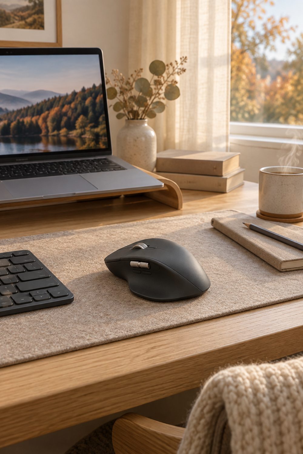 Kabellose Maus Logitech MX Master 3S in Graphit auf einer hellen Filzmatte an einem Eichenschreibtisch, daneben Tastatur, Laptop auf Holzständer, Notizbuch mit Bleistift und eine dampfende Tasse im Morgenlicht vor einem Fenster mit Herbstbäumen