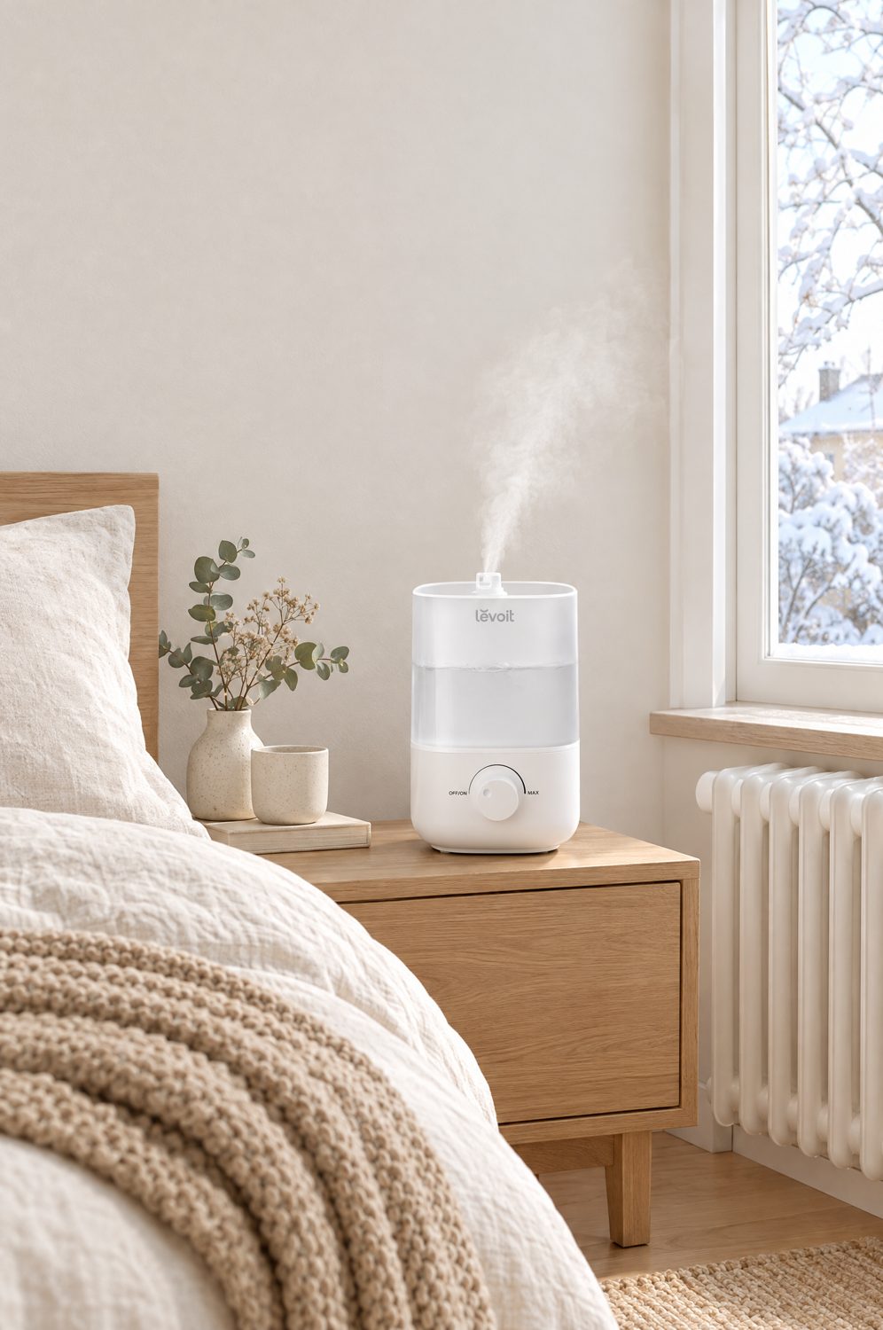 Weißer Luftbefeuchter mit feinem Nebel auf einem Nachttisch aus Eichenholz im Schlafzimmer