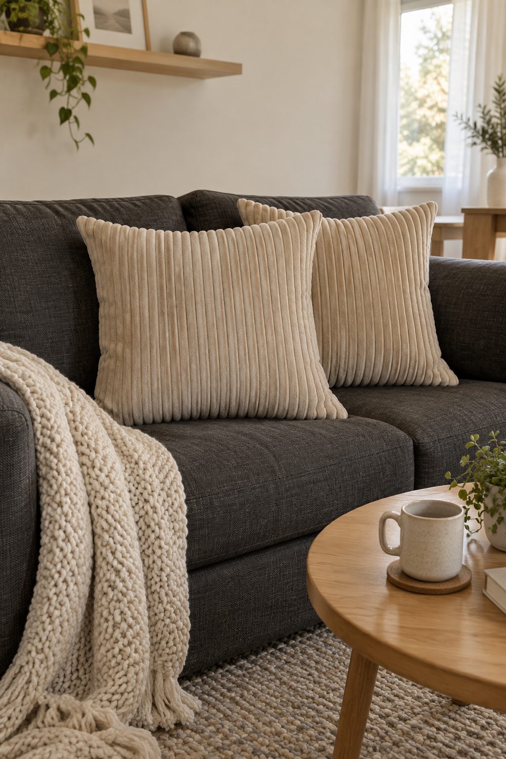 Zwei beige MIULEE Kissen mit breiten Kordrippen auf einem dunkelgrauen Sofa, davor eine Strickdecke und ein runder Holztisch