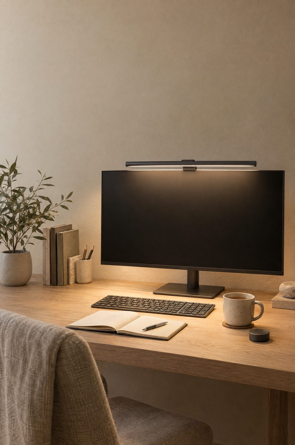 Monitor Lampe auf einem Bildschirm beleuchtet einen aufgeräumten Schreibtisch