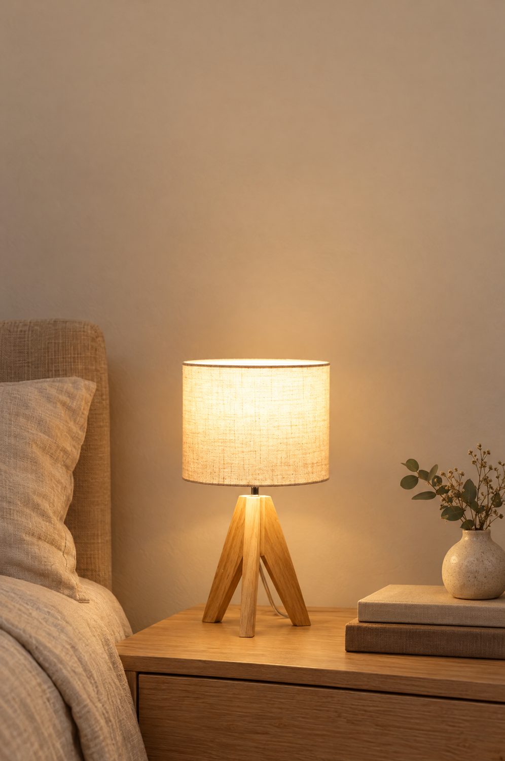 Nachttischlampe aus Holz mit Leinenschirm leuchtet warm auf einem Nachttisch im Schlafzimmer
