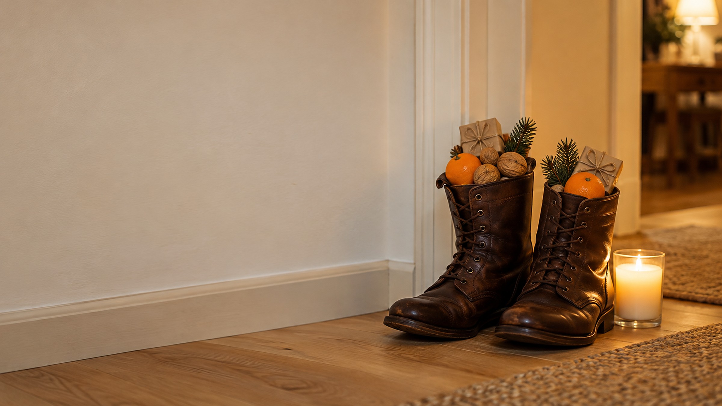 Zwei braune Lederstiefel im Flur, gefüllt mit Mandarinen, Walnüssen, Tannenzweigen und kleinen Geschenken in Packpapier, daneben eine brennende Kerze im Glas