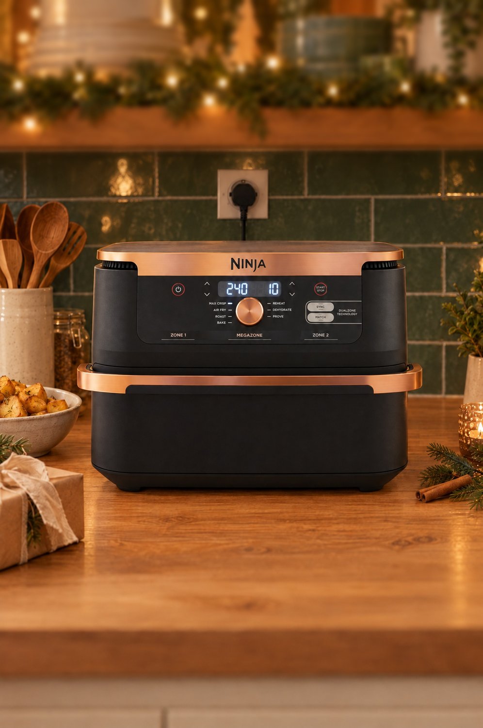 Ninja Dual Zone Heißluftfritteuse in Schwarz und Kupfer auf einer Holzarbeitsplatte in einer weihnachtlich geschmückten Küche am Abend, daneben ein Geschenk mit Leinenschleife und Tannenzweige