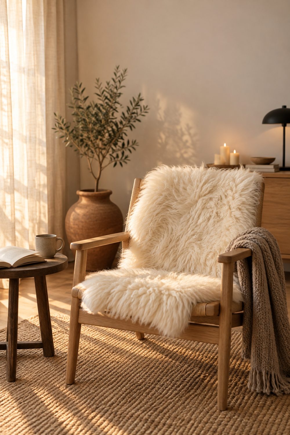 Weißes, langwolliges Lammfell von Nordic Sheep auf einem hellen Holzsessel, daneben eine Strickdecke und warmes Abendlicht im Wohnzimmer