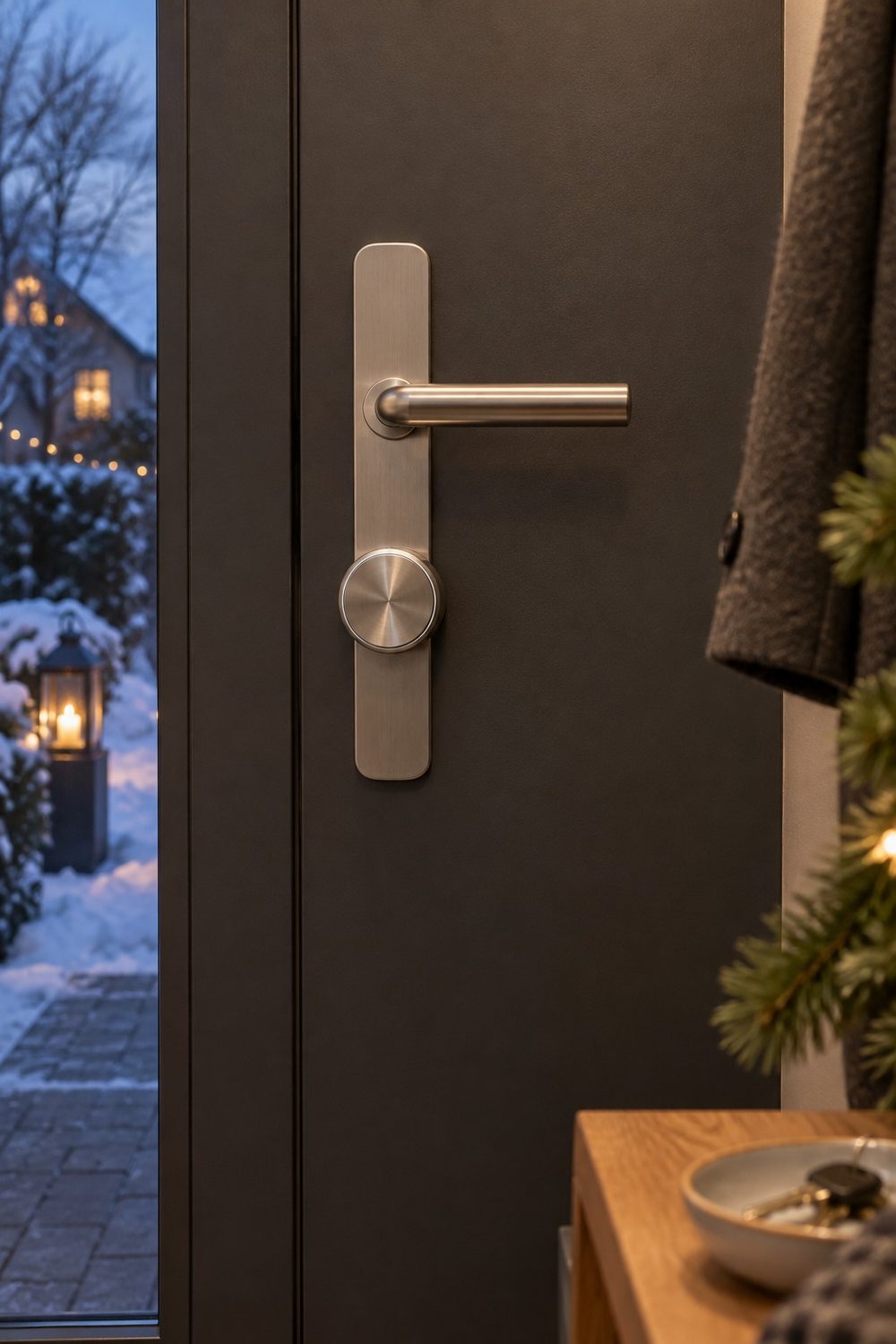 Nuki Smart Lock Ultra aus gebürstetem Edelstahl innen an einer anthrazitfarbenen Haustür mit Sicherheitsbeschlag, daneben ein Glaselement mit Blick auf den verschneiten Vorgarten am Abend