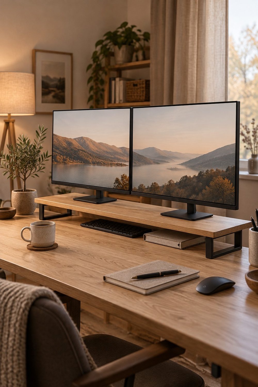 Oakywood Desk Shelf aus Eiche mit schwarzen Beinen auf einem hellen Schreibtisch, darauf zwei Monitore, darunter Tastatur und Platz für Bücher, im Hintergrund Regal mit Pflanzen und Abendlicht