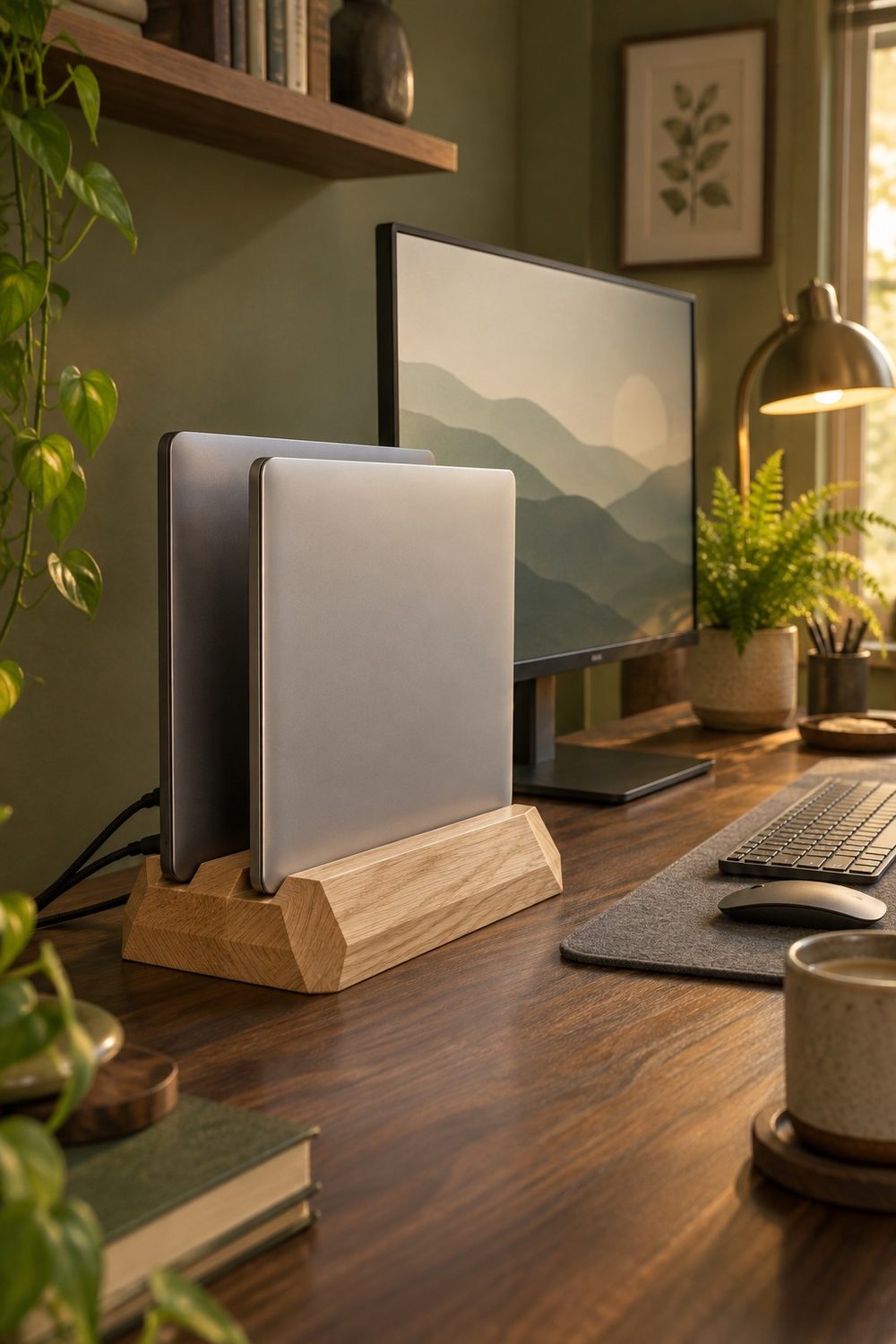 Oakywood Dual Laptop Dock aus Eiche mit zwei zugeklappten Laptops in den beiden Schlitzen auf einem dunklen Holzschreibtisch, daneben Monitor, Tastatur, Farn und Kaffeebecher, warmes Licht einer Schreibtischlampe