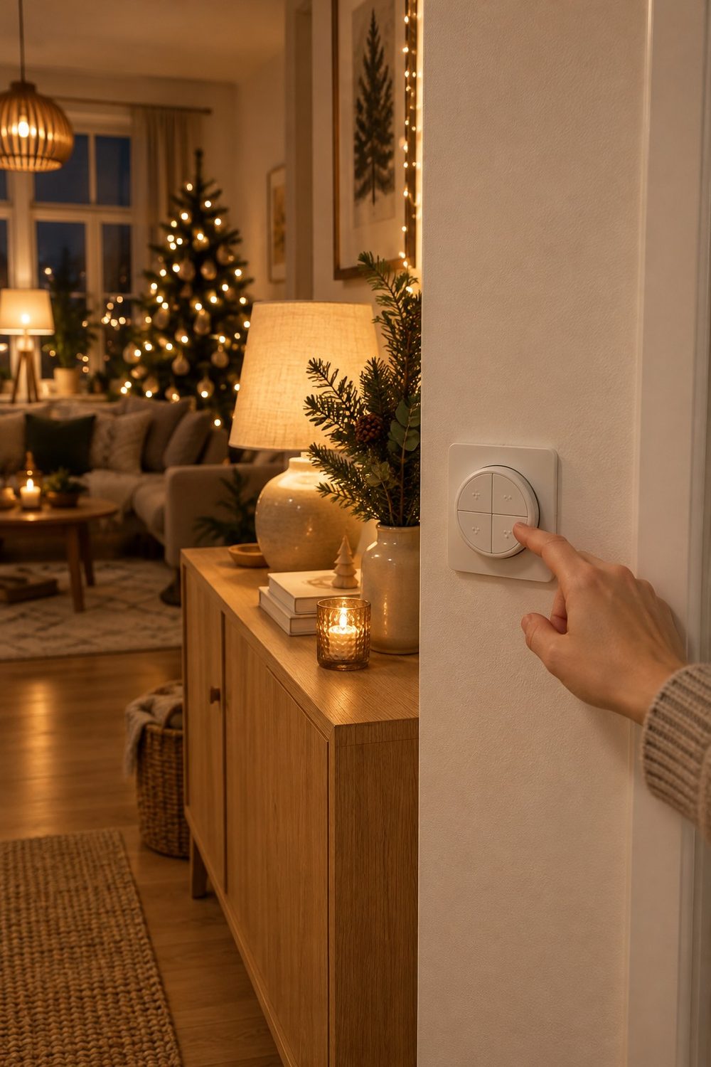 Weißer Philips Hue Tap Dial Schalter mit vier Tasten und Drehring an der Wand neben dem Türrahmen, eine Hand drückt eine Taste, dahinter ein warm beleuchtetes Wohnzimmer mit Weihnachtsbaum
