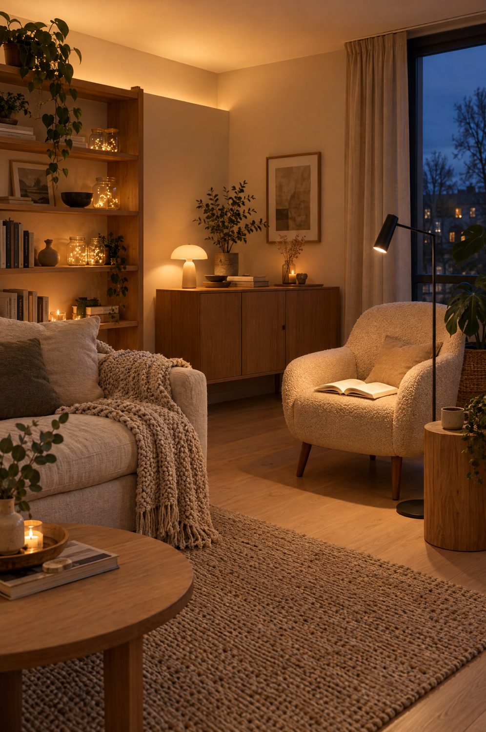 Gemütliches Wohnzimmer am Abend mit Stehlampe, Leselampe und warmen Lichtakzenten